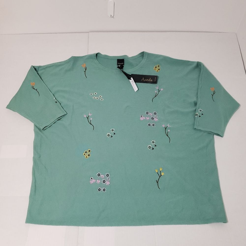 Aaeda NWT Mint Green Embroidered Floral Oversized Top 3/4 Sleeve Cottagecore 1x